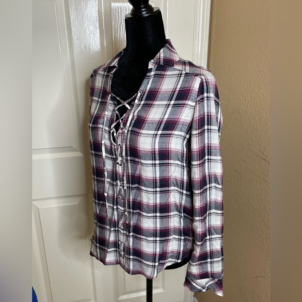 PAIGE Women's Button Up Tie Front Kieran Top Blouse Plaid Gray/Red Size Small  